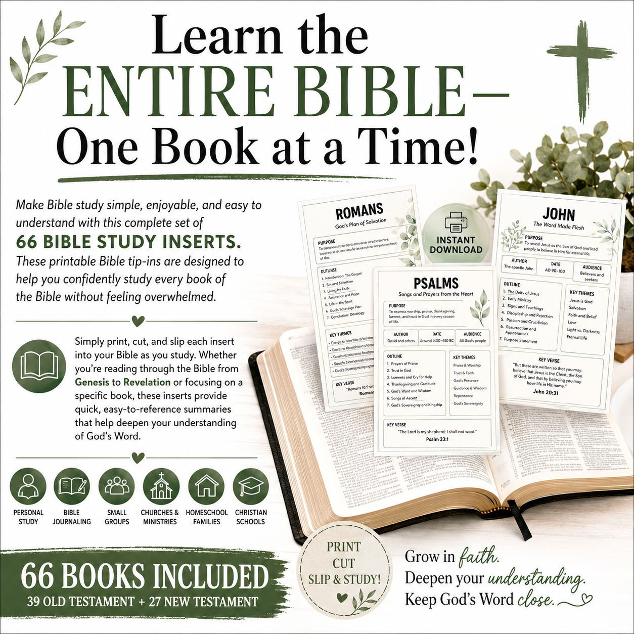 Bible Study Inserts | Complete 66-Book Bible Study Set (Instant Download)