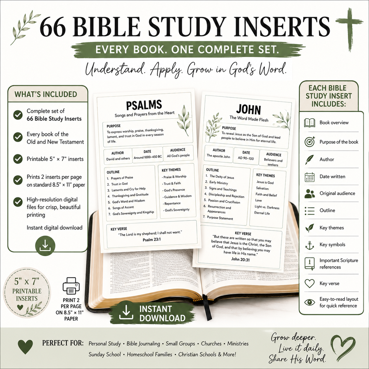 Bible Study Inserts | Complete 66-Book Bible Study Set (Instant Download)