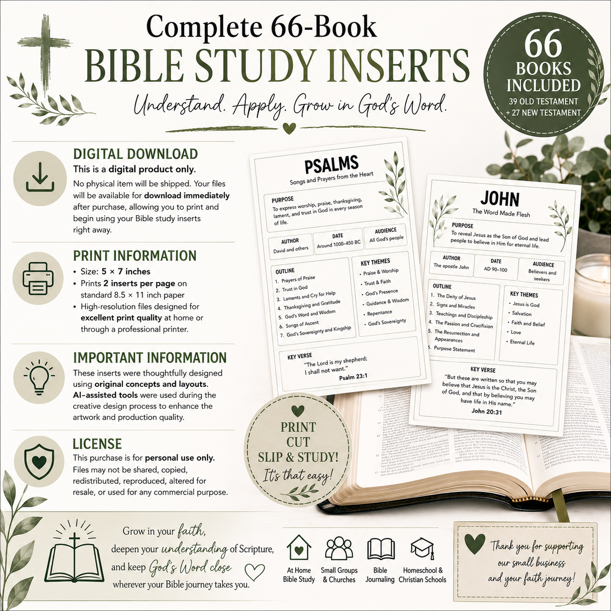 Bible Study Inserts | Complete 66-Book Bible Study Set (Instant Download)