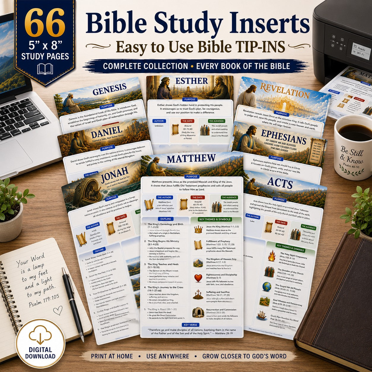 Bible Study Inserts | Complete 66-Book Bible Study Set | Loaded Bible Tip Ins (Instant Download)