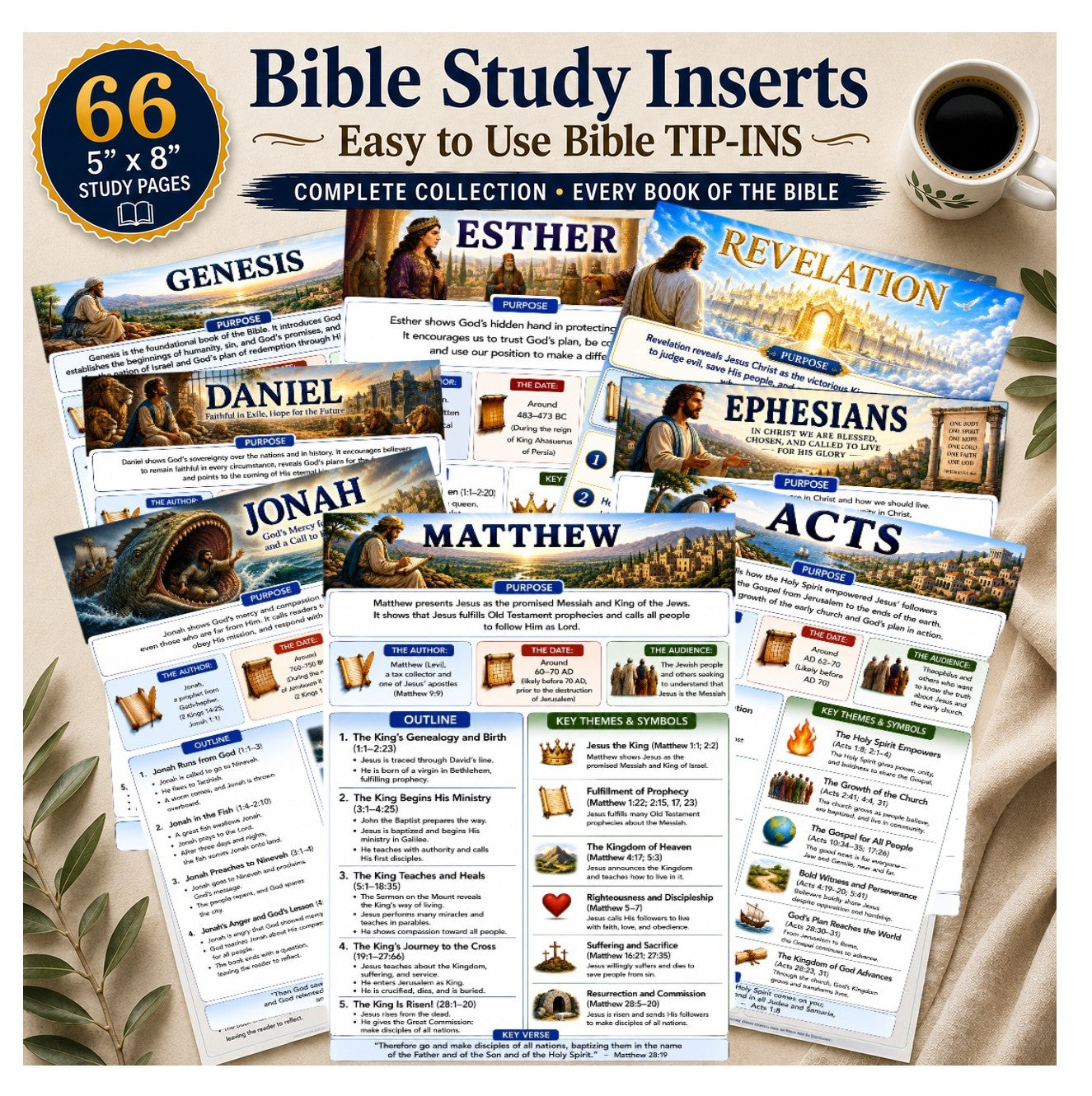 Bible Study Inserts | Complete 66-Book Bible Study Set | Loaded Bible Tip Ins (Printed & Ready To Use)