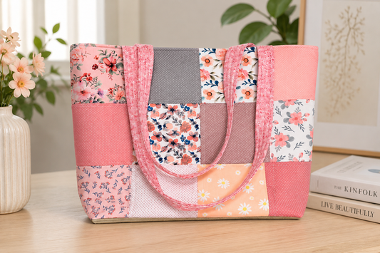 Cottagecore Floral Pink Patchwork Quilted Tote Bag